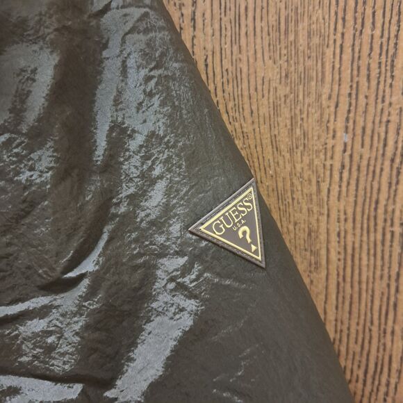 NEW Guess Grace Shiny Crinkle Nylon Parka Jacket Fur Trim Hood Size M Green - Picture 6 of 11